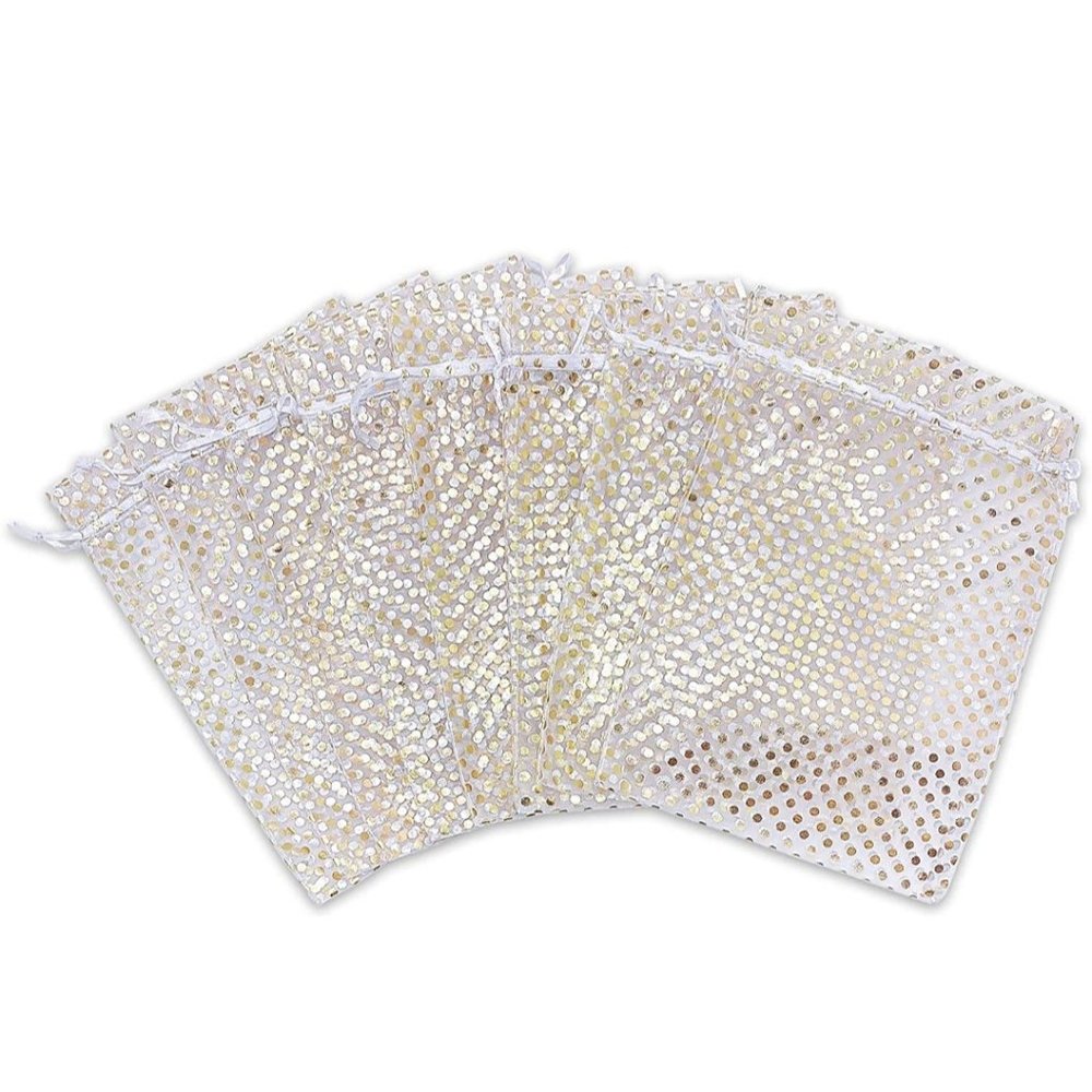 20 White Gold Polka Dot 4x6 Sheer Drawstring Organza Bags